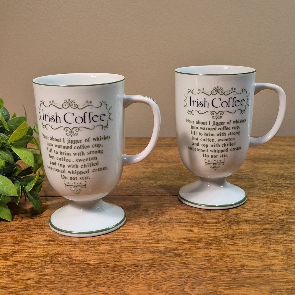 PORCELAIN Irish Coffee Footed Mugs with Decorative Recipe Graphic, Set of 2